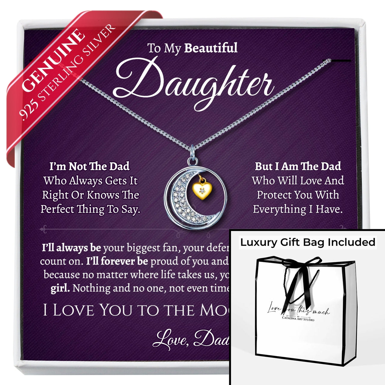 Daughter .925 Sterling Silver Moon Necklace - Love Dad - Love You This Much