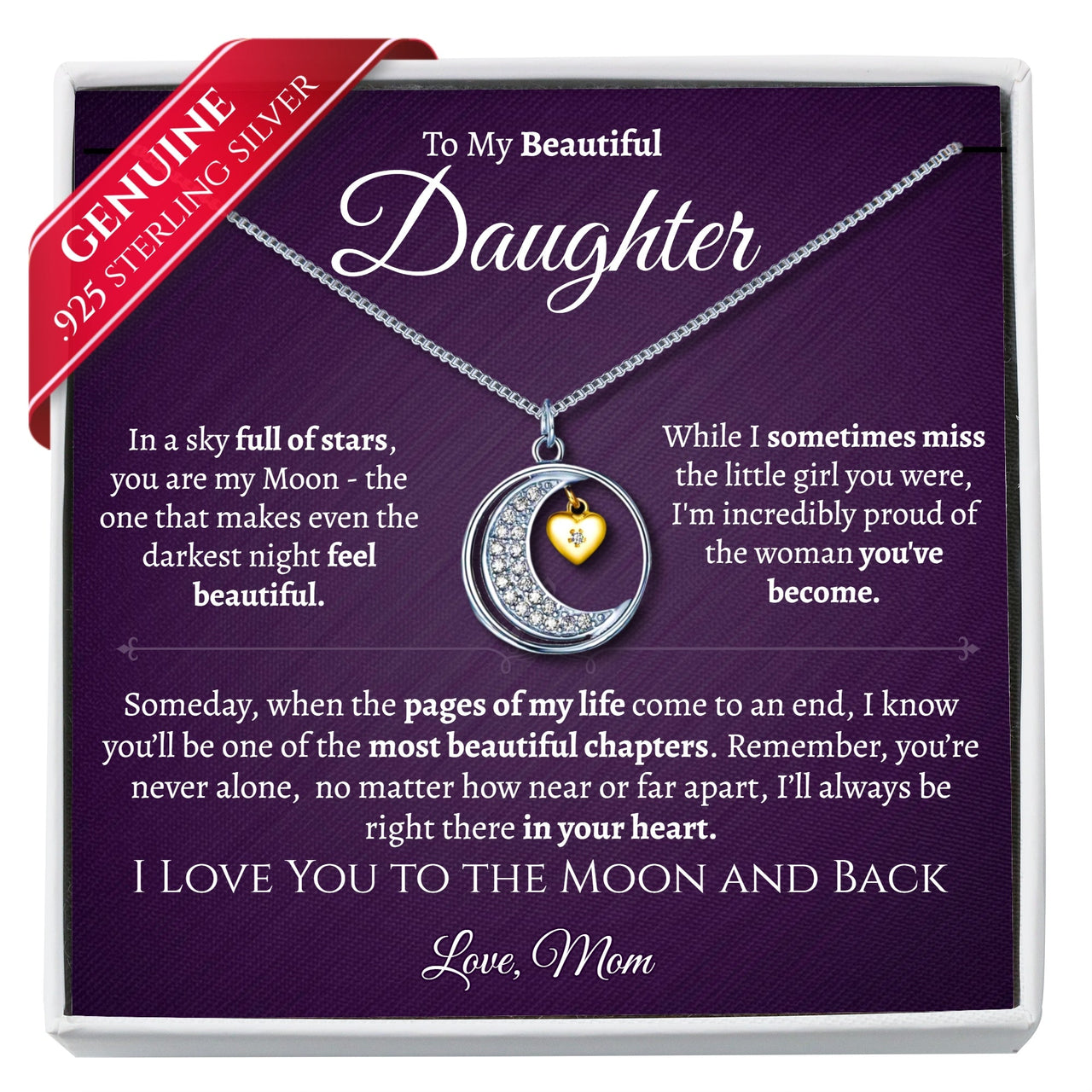 Daughter .925 Sterling Silver Moon Necklace - Love Mom - Love You This Much