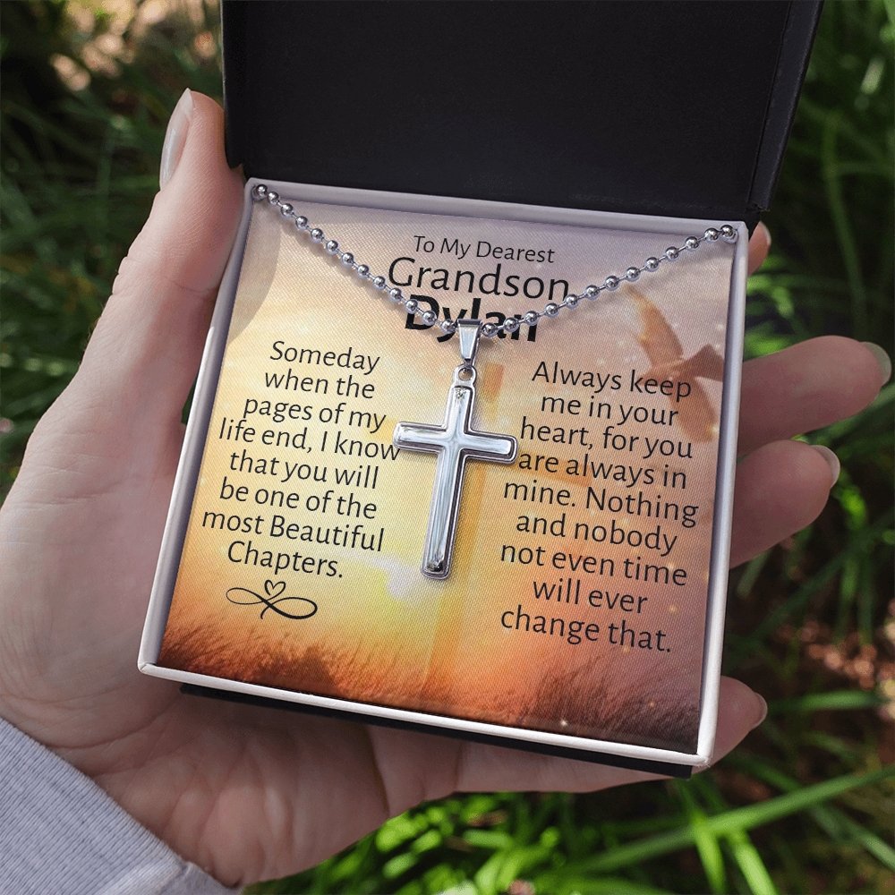 Dearest Grandson (Personalized) Ball Chain Cross Necklace - Love You This Much