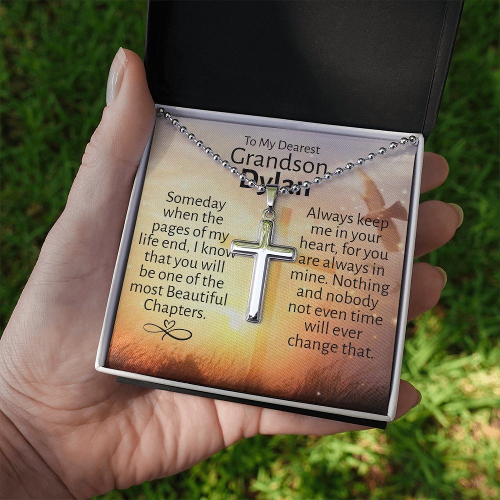 Dearest Grandson (Personalized) Ball Chain Cross Necklace - Love You This Much