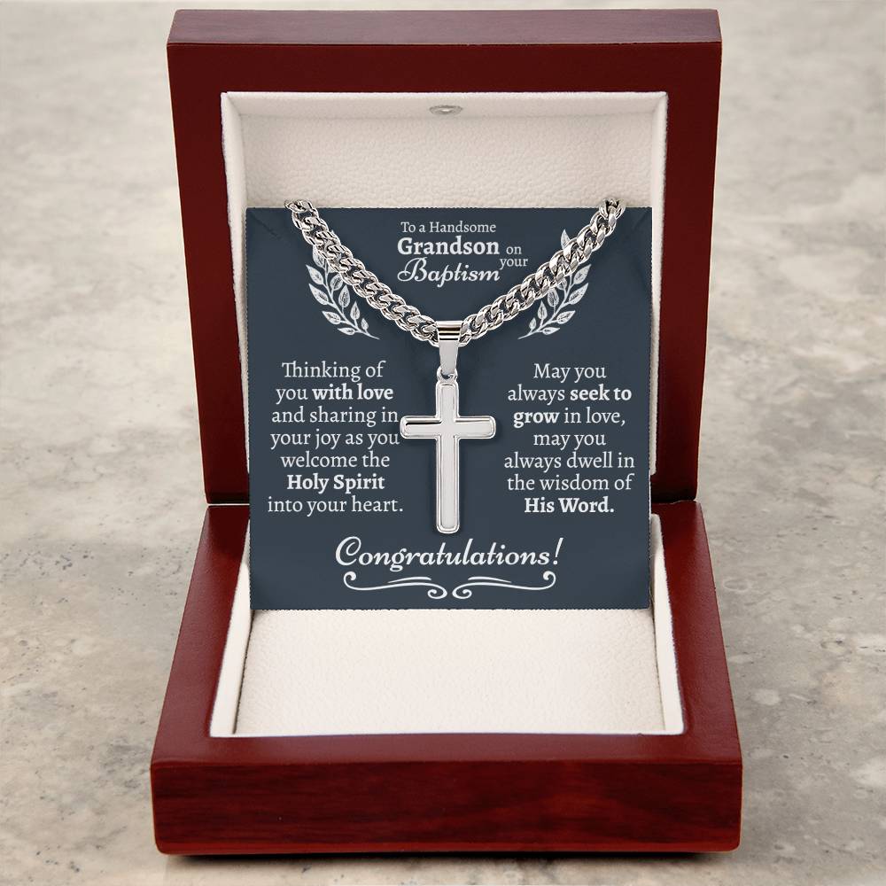 Grandson Baptism Cross Cuban Necklace - Love You This Much