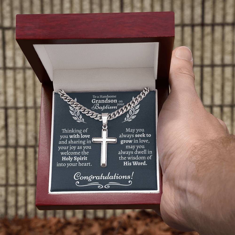 Grandson Baptism Cross Cuban Necklace - Love You This Much