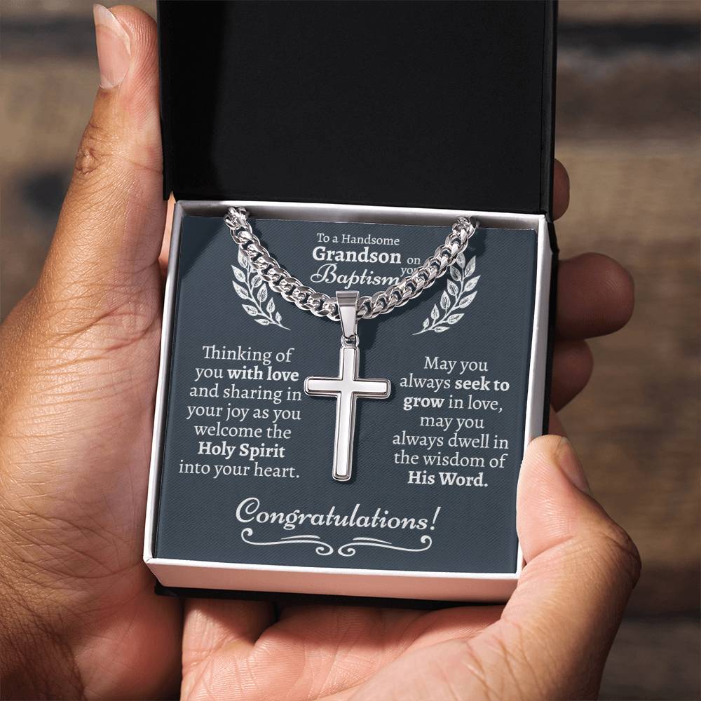 Grandson Baptism Cross Cuban Necklace - Love You This Much