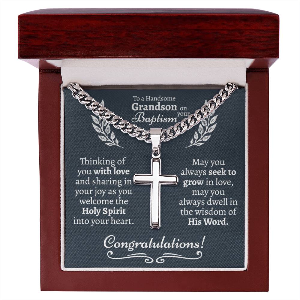 Grandson Baptism Cross Cuban Necklace - Love You This Much