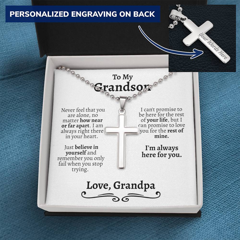 Grandson (Love Grandpa) Ball Chain Cross Necklace - Love You This Much