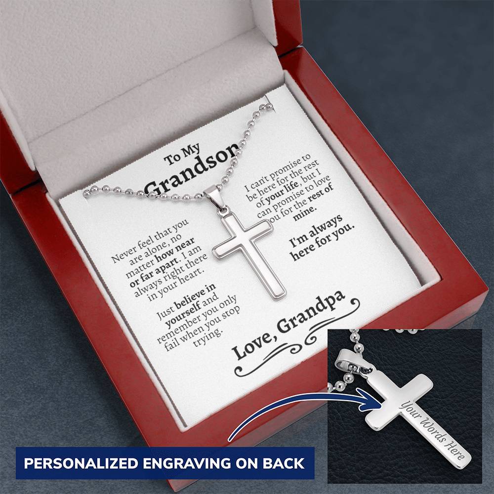 Grandson (Love Grandpa) Ball Chain Cross Necklace - Love You This Much