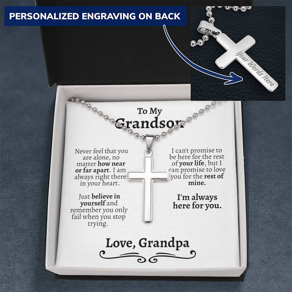 Grandson (Love Grandpa) Ball Chain Cross Necklace - Love You This Much